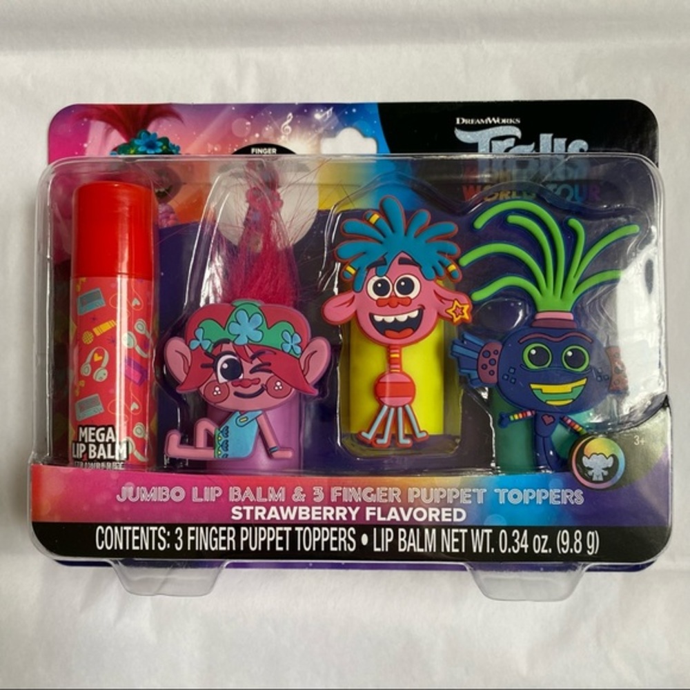 🔥5/$25🔥Trolls World Tour Jumbo Lip Balm & 3 Finger Puppet Toppers - Strawberry
